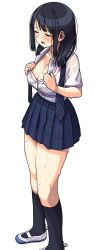1girl black_hair blush breasts cleavage closed_eyes collarbone diagonal-striped_clothes diagonal-striped_necktie full_body highres kneehighs large_breasts maruput necktie open_mouth original pleated_skirt school_uniform see-through_clothes simple_background skirt socks solo standing striped_clothes sweat thighs undone_necktie very_sweaty wet wet_clothes white_background