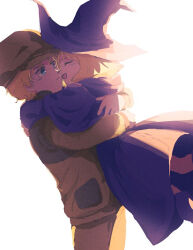 1boy 1girl :d artesia_som_deikun blonde_hair blue_eyes boots brother_and_sister brown_headwear brown_jacket brown_pants newsboy_cap casval_rem_deikun char_aznable child closed_eyes closed_mouth film_grain gundam hat hug jacket long_sleeves looking_at_another mobile_suit_gundam_the_origin open_mouth pants purple_footwear purple_headwear purple_robe robe sayla_mass short_hair siblings simple_background smile tira_zhang white_background witch witch_hat