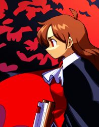 1girl ahoge alejo5599 ascot bat_(animal) black_cape book breasts brooch brown_hair cape closed_mouth collared_shirt darkstalkers demitri_maximoff genderswap highres holding holding_book jacket jewelry long_hair long_sleeves medium_breasts midnight_bliss profile red_eyes red_vest shirt solo upper_body vampire vest weapon white_shirt wings