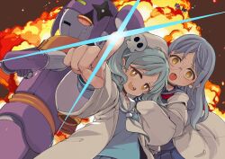 Rule 34 | 2girls, back-to-back, blue hair, chibi, crossed arms, diffraction spikes, end card, explosion, glasses, hair ornament, izutsumi marin, izutsumi minato, koga konoha, kusagakure satoko, long hair, looking at viewer, mota, multiple girls, ninja to koroshiya no futarigurashi, oversized clothes, pointing, pointing at viewer, roboko (ninkoro), robot, school uniform, serafuku, shuriken hair ornament, siblings, sisters, skull hair ornament, twintails, yellow eyes
