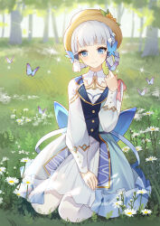 Rule 34 | 1girl, absurdres, arched bangs, ayaka (genshin impact), blue dress, blue eyes, blunt tresses, blurry, blurry background, blush, boater hat, braid, braided hair rings, brown hat, bug, butterfly, butterfly hair ornament, butterfly on hand, closed mouth, commentary, daidai (318706698), daisy (flower), day, detached collar, dress, eyelashes, flower, forest, frilled dress, frills, full body, genshin impact, grass, grey hair, hair flower, hair ornament, hair rings, hand up, hat, hat flower, highres, insect, kamisato ayaka, kamisato ayaka (springbloom missive), layered dress, looking at viewer, mole, mole under eye, nature, on grass, outdoors, pantyhose, short hair, sitting, sleeve cuffs, smile, solo, sparkle, tassel, tree, white flower, white pantyhose