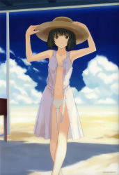 1girl 2006 2008 absurdres bare_shoulders beach bikini black_eyes black_hair blue_sky cloud collarbone copyright_notice crossed_legs day dress female_focus front-tie_top hat highres kimi_kiss looking_at_viewer navel open_clothes outdoors sand see-through_clothes shijou_mitsuki short_hair sky smile solo standing sun_hat swimsuit takayama_kisai teeth white_bikini white_dress