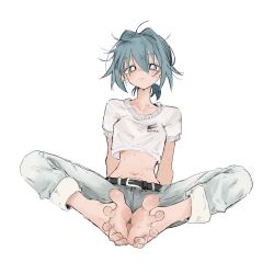 Rule 34 | 1girl, aqua hair, barefoot, belt, black belt, blush, closed mouth, collarbone, cropped shirt, empty eyes, feet, foot focus, foot pussy, full body, grey pants, hair between eyes, hair intakes, highres, knees apart feet together, looking at viewer, midriff, navel, original, pants, ponytail, short ponytail, short sleeves, sidelocks, simple background, sitting, soles, solo, spread toes, sweat, sweatdrop, toenails, toes, tsuda hayato, white background