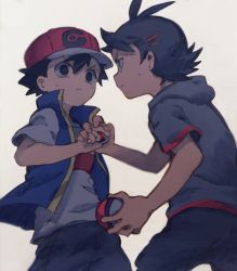2boys ash_ketchum baseball_cap black_hair black_pants blue_vest commentary_request dark-skinned_male dark_skin eye_contact goh_(pokemon) grey_shirt hair_ornament hairclip hat highres holding holding_another&#039;s_arm holding_poke_ball kurage2535 looking_at_another male_focus multiple_boys nintendo pants poke_ball poke_ball_(basic) pokemon pokemon_(anime) pokemon_journeys shirt simple_background spiked_hair surprised sweat vest wavy_eyes white_background white_shirt