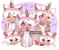 1boy :o ^_^ animal_ears antlers artist_name bare_arms bare_shoulders border buttons chibi closed_eyes closed_mouth collared_shirt colored_tips commentary commission cropped_shoulders cropped_torso dark-skinned_male dark_skin deer_boy deer_ears deer_tail english_commentary flower freckles hand_up head_wreath heterochromia horns light_blush male_focus multicolored_hair multiple_views open_mouth original outline outside_border pants parted_lips pink_eyes pink_flower purple_background purple_eyes purple_flower purple_hair red_pants round_border shirt single_antler sleeveless sleeveless_shirt smile sparkle suspenders tail teeth upper_teeth_only v watermark white_border white_hair white_outline white_shirt yuyu_(yuyupurinn)