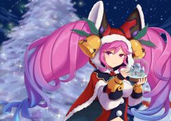 Rule 34 | 1girl, bell, blue hair, blurry, blurry background, breasts, cape, christmas, christmas tree, cleo (christmas) (dragalia lost), cleo (dragalia lost), commentary request, cream cod, dark, dragalia lost, fur trim, gradient hair, hat bell, holding, holding snow globe, hood, large breasts, light particles, long hair, looking at viewer, multicolored hair, night, night sky, pink eyes, pink hair, puffy sleeves, santa costume, sky, smile, snow, snow globe, snowflakes, solo, tree, twintails, upper body, very long hair