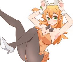 1girl animal_ear_hairband animal_ears armpits arms_up bare_arms black_bow black_pantyhose blush bow breasts cleavage commentary fake_animal_ears green_eyes hair_between_eyes hairband high_heels hinatsuki_mikan large_breasts leg_up leotard long_hair looking_at_viewer machikado_mazoku orange_hair orange_leotard pantyhose playboy_bunny pon_sugar rabbit_ears rabbit_pose rabbit_tail shoes sidelocks simple_background smile solo strapless strapless_leotard tail white_background white_hairband white_shoes wrist_cuffs
