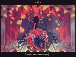 1boy 1girl black_bow black_dress black_shoes blunt_bangs bow dress drill_hair full_body gdi999xxx green_hair hair_bow high_heels letterboxed long_sleeves one_piece perona pink_hair roronoa_zoro shoes short_sleeves sitting