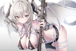 1girl bare_shoulders belt bent_over bikini black_bikini black_ribbon blush breasts chain choker cleavage closed_mouth commission demon_wings dragon_girl dragon_horns dragon_tail dragon_wings duel_monster expressionless facial_mark gradient_background grey_background grey_eyes grey_hair hair_between_eyes hair_ribbon hanging_breasts highres holding holding_weapon horns large_breasts long_hair looking_at_viewer milltina_(vrchat) o-ring o-ring_bikini ribbon satoh_vrc sidelocks simple_background skeb_commission slit_pupils solo swimsuit tail thigh_belt thigh_strap torn_wings twintails vrchat weapon white_background white_choker white_wings wings