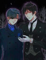 Rule 34 | 2boys, aged up, black hair, blue eyes, ciel phantomhive, earrings, ena33333333, eyepatch, flower, gloves, hair between eyes, highres, jacket, jewelry, kuroshitsuji, male focus, multiple boys, red eyes, sebastian michaelis, shirt, short hair, smile
