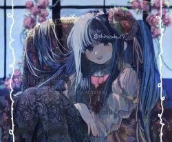 1girl armchair black_pantyhose blue_eyes blue_hair blurry blurry_background bow bowtie chair dress english_text fangs floral_print flower furudo_erika hair_flower hair_flowing_over hair_ornament indoors long_hair long_sleeves looking_at_viewer night pantyhose print_pantyhose red_bow red_bowtie red_flower red_rose rose rose_print shirozakura sitting smile solo twitter_username umineko_no_naku_koro_ni watermark window
