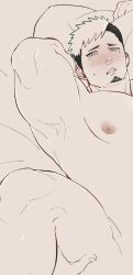 1boy arm_behind_head armpits bara blush completely_nude facial_hair goatee hand_on_another&#039;s_thigh highres ikusaba_daisuke implied_yaoi looking_at_another lying male_focus monochrome multicolored_hair muscular muscular_male nude on_back on_bed out-of-frame_censoring out_of_frame pov pov_hands presenting_armpit solo_focus spot_color spread_legs sweat tearing_up tears tokyo_houkago_summoners two-tone_hair undercut wanijima