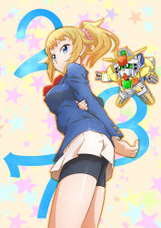 Rule 34 | 10s, 1girl, bike shorts, blazer, blue eyes, brown hair, female focus, gundam, gundam build fighters, gundam build fighters try, gunpla, hoshino fumina, hoshino kouichirou, jacket, model kit, ponytail, school uniform, scrunchie, solo, winning gundam