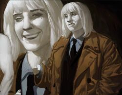 1boy black_necktie brown_jacket collared_shirt colored_skin jacket john31533733105 male_focus medium_hair mole mole_under_eye necktie open_mouth original realistic rutherforidium shirt sketch smile teeth unfinished white_hair white_skin