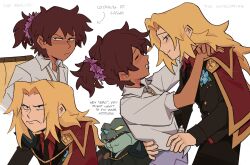 2girls amphibia anne_boonchuy blonde_hair brown_hair cape closed_eyes dancing dark_skin english_text face-to-face facial_scar formal_clothes hair_ornament hair_scrunchie highres hug jacket long_hair looking_at_another mole mole_under_eye multiple_girls multiple_views necktie parted_bangs pink_scrunchie ponytail red_cape sasha_waybright scar scar_on_cheek scar_on_face scrunchie serious shimmyoh smile suit white_background