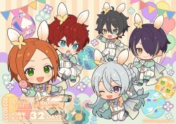 5boys :d :o ;d ahoge amagi_hiiro animal_ears antenna_hair aoi_hinata arm_up balloon black_hair black_shoes blonde_hair blue_eyes blue_flower blush bow bowtie braid bun_with_braided_base butterfly_hair_ornament buttons cape chibi chibi_only closed_mouth collared_jacket colorful_background copyright_name copyright_notice countdown covering_own_mouth dated dot_nose double-breasted double-parted_bangs earrings easter_egg egg ensemble_stars! fake_animal_ears fang floating flower full_body gloves gradient_cape green_eyes green_flower green_jacket grey_background grey_cape grey_hair hair_between_eyes hair_bun hair_ornament hair_over_one_eye hand_over_own_mouth hand_up hands_up head_tilt heterochromia hibiki_wataru holding holding_egg jacket jewelry kagehira_mika kamiya_(mennu) kuji-in long_hair long_sleeves looking_at_viewer male_focus multicolored_hair multicolored_jacket multiple_boys official_alternate_costume official_art one_eye_closed one_eye_covered open_mouth orange_background orange_eyes orange_hair outstretched_arm outstretched_arms pants parted_bangs pennant pink_flower puffy_bunny_(ensemble_stars!) puffy_long_sleeves puffy_sleeves purple_background purple_bow purple_bowtie purple_eyes purple_flower purple_hair rabbit_ears raised_eyebrows red_hair sengoku_shinobu shoes short_hair side_braid side_cape single_hair_bun smile spread_arms streaked_hair string_of_flags striped_background two-tone_jacket very_long_hair white_gloves white_jacket white_pants yellow_cape yellow_trim