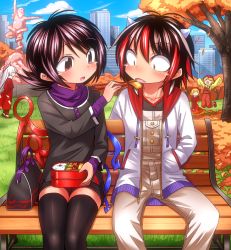 5girls =_= aki_minoriko aki_shizuha antenna_hair arm_up asymmetrical_wings autumn autumn_leaves bag beard bench bento bike_shorts black_hair black_legwear black_shirt black_shorts blonde_hair blouse blue_sky blue_wings blush brown_eyes chopsticks city closed_eyes cloud collarbone commentary_request cone_horns constricted_pupils contemporary day dress facial_hair fangs feeding feet_out_of_frame food from_side fujiwara_no_mokou grass grey_horns hair_between_eyes hand_in_pocket hat holding hood hooded_jacket horns houjuu_nue jacket jumping kijin_seija leaf long_hair long_sleeves looking_at_another looking_down mob_cap multicolored_hair multiple_girls ofuda omelet open_clothes open_jacket open_mouth outdoors overalls pants red_dress red_footwear red_hair red_hat red_jacket red_overalls red_pants red_skirt red_wings shimizu_pem shirt shoes short_hair short_shorts shorts siblings sisters sitting skirt sky streaked_hair tamagoyaki thighhighs thighs touhou tree unzan very_long_hair white_hair white_jacket white_overalls wide_sleeves wings yellow_shirt zipper