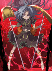 1girl barefoot grey_eyes grey_hair highres himemushi_momoyo holding holding_pickaxe holding_shovel long_hair medium_hair mullet pickaxe ribbon shovel solo syope tools touhou