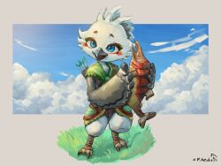 1boy absurdres animal animal_feet arrow_(projectile) artist_name bandana beak bird_boy bird_legs black_fur blue_eyes blue_sky blush blush_stickers body_fur border claws cloud day fish full_body furry furry_male grass green_bandana grey_border grey_fur hands_up highres holding holding_animal holding_fish looking_at_viewer male_focus multicolored_fur nintendo open_mouth outdoors outside_border pepper_gecko72 quiver rito salmon short_hair signature sky solo standing the_legend_of_zelda the_legend_of_zelda:_tears_of_the_kingdom tulin_(zelda) twitter_username white_fur winged_arms wings
