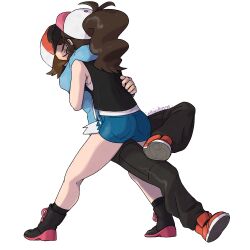 1boy 1girl baseball_cap blue_jacket brown_hair closed_eyes commentary denim denim_shorts english_commentary full_body hat hetero hilbert_(pokemon) hilda_(pokemon) hug jacket jellojolteon2000 kiss leg_lock nintendo pokemon pokemon_bw red_shoes shoes shorts signature transparent_background
