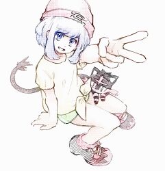 1girl arm_support arm_up beanie blue_eyes blue_hair gen_7_pokemon green_shorts grin hat highres invisible_chair litten looking_at_viewer looking_up nintendo pink_hat pokemon pokemon_(creature) pokemon_on_leg pokemon_sm selene_(pokemon) shirt shoes short_sleeves shorts simple_background sitting smile t-shirt tan_carbonnn teeth tied_shirt v white_background