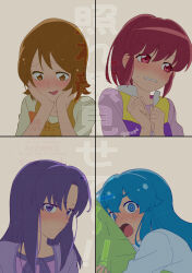 4girls absurdres aino_megumi blue_eyes blue_hair blunt_bangs blush bob_cut brown_eyes brown_hair cardigan eyelashes hands_on_own_chin happinesscharge_precure! highres hikawa_iona holding holding_pillow jacket long_hair long_sleeves looking_at_another looking_at_viewer looking_to_the_side medium_hair multiple_girls oomori_yuuko open_cardigan open_clothes open_mouth parted_bangs pillow ponytail precure purple_eyes purple_hair red_eyes red_hair ribbon shirayuki_hime short_hair smirk sunrise sweat sweatdrop wasa7subi