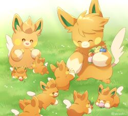 :d ^_^ absurdres berry_(pokemon) bright_pupils brown_eyes closed_eyes closed_mouth commentary_request creatures_(company) day ebisaki evolutionary_line feeding game_freak grass grepa_berry highres holding nintendo no_humans open_mouth outdoors pawmi pawmo pawmot pokemon pokemon_(creature) sitrus_berry smile white_pupils