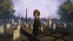 1girl arms_at_sides bare_tree black_dress black_hair black_pantyhose brown_eyes center-flap_bangs collared_dress cross dress eliot_(eokaitekaite969) expressionless grass grave graveyard highres horizon latin_cross long_sleeves looking_at_viewer original pantyhose pleated_dress puffy_long_sleeves puffy_sleeves purple_sky sad shadow short_hair sky solo standing sunlight tombstone tree