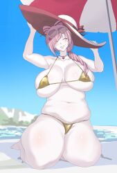 1girl beach beach_umbrella bikini bow breasts closed_eyes gold_bikini hair_bun hair_ornament hair_over_one_eye hair_over_shoulder hair_stick hair_tie hands_on_headwear hat hat_bow hat_ribbon highres huge_breasts indie_virtual_youtuber jewelry karaage53ko kurameki_kyou lips long_hair low_ponytail mature_female mole mole_under_eye mole_under_mouth navel necklace one_eye_covered outdoors pink_hair plump ponytail ribbon sitting skindentation smile solo sun_hat sunglasses sunglasses_on_head swimsuit thick_thighs thighs umbrella virtual_youtuber wide_brim