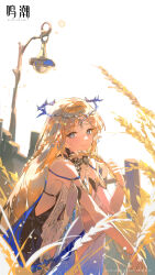 1girl absurdres bare_shoulders black_collar black_dress blonde_hair blue_eyes cartethyia_(wuthering_waves) chinese_commentary closed_mouth collar commentary_request crown_of_thorns dress earrings highres holding jewelry long_hair looking_at_viewer necklace official_art pointy_ears smile solo tabard tacet_mark_(wuthering_waves) very_long_hair wheat white_background white_tabard wuthering_waves