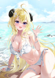 1girl :d absurdres ahoge animal_ears arm_support beach bikini blonde_hair blue_sky breasts cleavage cloud commentary crossed_bangs day double-parted_bangs flower frilled_bikini frills hair_between_eyes hair_flower hair_ornament halterneck highres hololive horns large_breasts long_hair looking_at_viewer mi_ke0224 navel open_mouth outdoors purple_eyes sheep_ears sheep_girl sheep_horns side-tie_bikini_bottom sidelocks sitting sky smile solo stomach swimsuit symbol-only_commentary thigh_strap tsunomaki_watame very_long_hair virtual_youtuber waving wet white_bikini yokozuwari