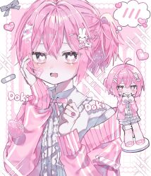 1boy aegyo_sal ahoge bandaid border bow bowtie bright_pupils candy center_frills chibi chibi_inset clenched_hand collared_shirt commentary_request double-parted_bangs double_vertical_stripe drooling envelope_hair_ornament eyebrows_hidden_by_hair fang food frilled_shirt_collar frilled_shorts frilled_thigh_strap frills fruit grey_bow grid_background hair_between_eyes hair_ornament hand_on_own_cheek hand_on_own_face hands_up heart heart-shaped_pupils heart_hair_ornament highres hiro_0607 jacket jewelry long_sleeves male_focus mars_symbol mouth_drool nail_polish one_side_up open_clothes open_jacket open_mouth original outside_border pale_skin pink_background pink_bow pink_bowtie pink_eyes pink_jacket pink_nails pink_theme puffy_long_sleeves puffy_sleeves rabbit_hair_ornament ring shirt short_hair shorts simple_background skin_fang sleeves_past_wrists solo sparkle speech_bubble strawberry symbol-shaped_pupils tearing_up thigh_strap thought_bubble track_jacket trap upper_body white_background white_border white_pupils white_shirt wrapped_candy x_hair_ornament