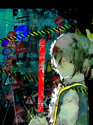 1girl biming blue_background blue_vest closed_eyes closed_mouth collared_shirt cookie_(touhou) daiyousei diyusi_(cookie) expressionless green_hair hair_between_eyes high-visibility_clothing high-visibility_vest high_ponytail highres long_bangs no_entry_sign no_parking_sign ponytail profile road_sign shirt short_hair short_ponytail sign solo speed_limit_sign stop_sign touhou traffic_baton traffic_light vest warning_sign white_shirt