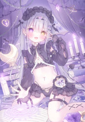 1girl :d black_ribbon black_skirt blush book bow breasts cameltoe candle chain choppy_bangs commentary_request corruption crop_top cross dark_persona detached_sleeves earrings fang food frilled_sleeves frills garter_straps gold_ring gold_trim grey_hair hair_bow hair_ornament heart heterochromia highres horns jewelry knife lace loli long_hair long_sleeves looking_at_viewer magic midriff navel navel_piercing omochi_monaka open_mouth original piercing purple_eyes purple_hair purple_theme ribbon sitting skin_fang skirt smile solo spell thigh_strap very_long_hair wariza yellow_eyes