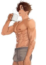 1boy abs bulge commander_(nikke) cup goddess_of_victory:_nikke hair_over_one_eye highres hintobento holding holding_cup large_pectorals looking_at_viewer male_focus male_underwear mug open_mouth pectorals scar underwear underwear_only white_background