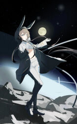 1girl :o absurdres amiya_(arknights) amiya_(guard)_(arknights) amiya_(guard)_(touch_the_stars)_(arknights) arknights astronaut blue_eyes brown_hair chinese_commentary commentary_request crop_top gloves grey_jacket grey_shoes hands_up highres hood hooded_jacket jacket long_hair long_sleeves looking_to_the_side moon night night_sky outdoors pants shirt shoes sidelocks sky solo star_(sky) starry_sky stomach very_long_hair white_gloves white_pants white_shirt yu_juan