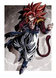 1boy abs absurdres biceps blue_eyes blue_sash body_fur closed_mouth dougi dragon_ball dragon_ball_gt gogeta highres long_hair looking_at_viewer male_focus metamoran_vest monkey_boy monkey_tail muscular muscular_male pants pectorals red_fur red_hair saiyan sash smile solo spiked_hair super_saiyan super_saiyan_4 tail ushi_(akabec0) white_pants wristband