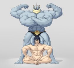 2boys abs bara biceps bruno_(pokemon) commentary crossed_arms double_biceps_pose english_commentary extra_arms extra_penises flexing gay_domination gen_1_pokemon highres large_pectorals large_penis machamp matainfancias multiple_boys muscular muscular_male nintendo nipples pectorals penis penis_on_shoulder penis_out pokemon pokemon_(creature) pokemon_frlg simple_background size_difference