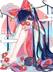 Rule 34 | 1girl, absurdres, barefoot, black hair, bow, box, candy, cherry blossoms, cloud, covered mouth, cup, fingernails, flower, flower-shaped pupils, food, geta, hakurei reimu, highres, hime cut, knees up, long hair, looking at viewer, maki-e, mashi (pixiv zcjd2538), red flower, red nails, reimu day, sakazuki, skirt, skirt set, solo, symbol-shaped pupils, touhou, very long hair, wide sleeves