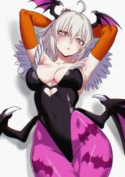 1girl absurdres ahoge animal_print armpits arms_behind_head arms_up bare_shoulders bat_print bat_wings blush breasts cleavage cosplay covered_navel darkstalkers detached_sleeves fate/grand_order fate_(series) fukou grey_hair highleg highleg_leotard highres jeanne_d&#039;arc_alter_(fate) large_breasts leotard looking_at_viewer morrigan_aensland morrigan_aensland_(cosplay) pantyhose purple_pantyhose short_hair solo wings yellow_eyes