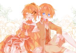 1girl aku_no_meshitsukai_(vocaloid) aku_no_musume_(series) aku_no_musume_(vocaloid) allen_avadonia bare_shoulders black_vest blonde_hair blue_eyes bow closed_eyes collared_coat dress dress_bow floral_background flower_ornament frilled_dress frills gown hair_bow hair_ornament hairclip highres holding_hands kagamine_len kagamine_rin layered_dress leaning_on_person looking_at_another muted_color natsu29380387 puffy_sleeves riliane_lucifen_d&#039;autriche short_hair shorts sitting sleeping sleeves_rolled_up smile strapless strapless_dress vest vocaloid yellow_theme