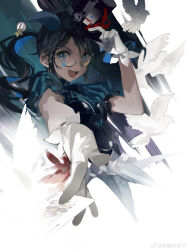 1girl absurdres bird black_hair black_hat blue_eyes blue_sleeves card dove gloves hat highres idolmaster idolmaster_shiny_colors long_hair mitsumine_yuika narakuuu playing playing_card round_eyewear solo white_gloves