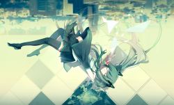 1girl aqua_hair bad_id bad_pixiv_id bare_shoulders black_boots black_thighhighs boots closed_eyes detached_sleeves female_focus hatsune_miku highres long_hair necktie smile solo thigh_boots thighhighs twintails vocaloid wide_sleeves yyb
