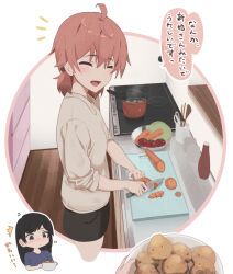 Rule 34 | 2girls, ahoge, black eyes, black hair, blue shirt, blush, closed eyes, closed mouth, commentary, compilation, cooking, highres, indoors, kitchen, koito yuu, lie lack1080, long hair, low twintails, multiple girls, nanami touko, open mouth, orange hair, potato, shirt, short hair, short twintails, translation request, twintails, yagate kimi ni naru