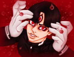 1boy black_hair blood eyelashes fangs gloves highres last_defense_academy_school_uniform long_sleeves looking_at_viewer male_focus maruko_gaku red_background red_eyes solo solo_focus teeth the_hundred_line_-last_defense_academy- third_eye white_gloves