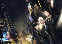 Rule 34 | 1girl, 2girls, 2others, absurdres, angela (project moon), black gloves, black jacket, blue coat, blue eyes, blue hair, blue necktie, city, cityscape, coat, cowboy shot, gloves, grey hair, highres, isadora (project moon), jacket, julia (project moon), library of ruina, lobotomy corporation, long hair, multiple girls, multiple others, necktie, project moon, roland (project moon), sanc cm, sword, walking, walter (project moon), weapon, white hair, zwei association south uniform, zweihander