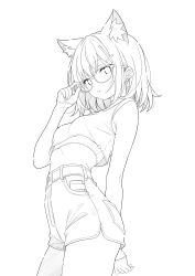 1girl absurdres adjusting_eyewear alternate_costume animal_ear_fluff animal_ears arm_behind_back bespectacled blue_archive blush breasts commentary cowboy_shot crop_top cross cross_hair_ornament earrings extra_ears glasses gloves greyscale hair_ornament halo high-waist_shorts highres inverted_cross jewelry lineart looking_at_viewer medium_breasts midriff monochrome shiroko_(blue_archive) short_hair shorts simple_background solo stud_earrings symbol-only_commentary t1kosewad tank_top thighs white_background wolf_ears wolf_girl