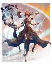 1girl armlet blue_eyes breasts brown_hair clothing_cutout dress final_fantasy final_fantasy_xiv flats gloves hair_ribbon highres holding holding_staff hyur jewelry leg_cutout mage_staff medium_breasts ribbon shukei sleeveless sleeveless_dress solo staff thighhighs warrior_of_light_(ff14) white_gloves