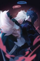 2boys antenna_hair bags_under_eyes black_coat blonde_hair blue_hair blurry closed_mouth coat collared_coat couple depth_of_field english_text flins_(genshin_impact) from_side fur_trim genshin_impact gradient_background hair_between_eyes hashtag-only_commentary head_on_another&#039;s_shoulder heart high_collar highres hug leaning_back leaning_forward long_hair long_sleeves looking_down multiple_boys red_background scar scar_on_face shade short_hair speech_bubble standing translated upper_body varka_(genshin_impact) wavy_hair win_te_ra yaoi yellow_eyes
