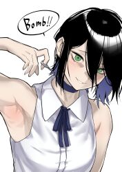Rule 34 | 1girl, armpits, black hair, blue choker, blue ribbon, chainsaw man, choker, english text, green eyes, grenade pin, haishima xv, highres, neck ribbon, reze (chainsaw man), ribbon, shirt, short hair, simple background, sleeveless, sleeveless shirt, solo, speech bubble, white background, white shirt
